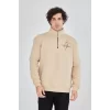 Erkek Yarım Fermuarlı Baskılı Sweat - Bej