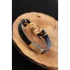 Gold Renk Metal Fatma Ana Eli Tasarım Siyah Renk Deri Erkek Bileklik