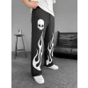Luz&Pos İki İplik Kumaş Baskılı Beli Lastikli Boru Paça Baggy Alt Esofman - Siyah