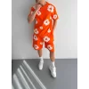 İki İplik Kumaş Baskılı T-shirt Şortlu Takım- Turuncu