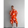 İki İplik Kumaş Baskılı T-shirt Şortlu Takım- Turuncu