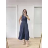 Jeans Kot Önü Tam Fermuarlı Uzun Elbise - Mavi