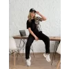 Kadın Bisiklet Yaka Kısa Kol Leopar Desen Bluz Ve Pantolon Ikili Takım