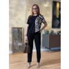 Kadın Bisiklet Yaka Kısa Kol Leopar Desen Bluz Ve Pantolon Ikili Takım