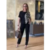 Kadın Bisiklet Yaka Kısa Kol Leopar Desen Bluz Ve Pantolon Ikili Takım