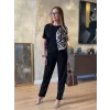 Kadın Bisiklet Yaka Kısa Kol Leopar Desen Bluz Ve Pantolon Ikili Takım