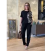 Kadın Bisiklet Yaka Kısa Kol Leopar Desen Bluz Ve Pantolon Ikili Takım