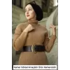 Luz&Pos Kadın Boğazlı Uzun Fitilli Triko Dokuma Elbise - Kahverengi