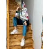 Kadın Kadife Kumaş Uzun Kollu Kapüşon Detay çiçek Baskılı Sweat Ve Pantolon Ikili Takım