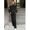 Kadın Kapüşonlu Leopar Detay Sweat Ve Yüksek Bel Yanları Leopar şeritli Bol Paça Pantolon Ikili Takım