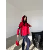 Kadın Kırmızı Kapşonlu Etek Ucu Detay Arma Ters Dikiş Gorunumlu Ikili Takım