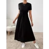 Kadın Kısa Kollu Bisiklet Yaka Belden Bağcıklı Cepli Viskon Elbise