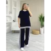 Kadın Kısa Kollu Bisiklet Yaka çift Renk şerit Detaylı Viskon Iki Iplik Bluz Ve Pantolon Ikili Takım