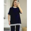 Kadın Kısa Kollu Bisiklet Yaka çift Renk şerit Detaylı Viskon Iki Iplik Bluz Ve Pantolon Ikili Takım