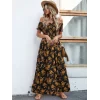 Kadın Kısa Kollu Madonna Yaka Yırtmaçlı çiçek Desenli Süprem Elbise
