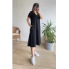 Kadın Kısa Kollu V Yaka Cepli A Kesim Detaylı Viskon Elbise