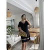 Kadın Kısa Kollu V Yakalı Etnik Desen şerit Detaylı Viskon Elbise