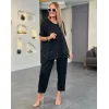 Kadın Kısa Kollu V Yakalı Pul Payetli Viskon Iki Iplik Bluz Ve Pantolon Ikili Takım