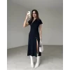 Kadın Kısa Kollu Yakadan Ve Etekten Fermuarlı Midi Viskon Iki Iplik Elbise