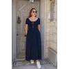 Kadın Kısa Kollu Yuvarlak Yaka önden Yırtmaçlı Cepli Viskon Uzun Elbise