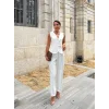 Kadın Sıfır Kollu çapraz V Yakalı önden Düğmeli Atlas Yelek Ve Pantolon Ikili Takım