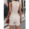 Kadın Sıfır Kollu Yakalı Düğmeli Belden Kuşaklı Kısa Keten Tulum