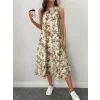 Kadın Sıfır Kollu Yuvarlak Yaka Desenli Ithal Keten Midi Elbise