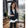 Kadın Uzun Kol Asimetrik Kesim Viskon Bluz Ve çatlak Deri Görünümlü Fermuar Detaylı Yelek Ikili Takım