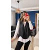 Kadın Uzun Kol Asimetrik Kesim Viskon Bluz Ve çatlak Deri Görünümlü Fermuar Detaylı Yelek Ikili Takım