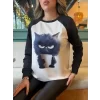 Kadın Uzun Kollu Bisiklet Yaka Kedi Baskılı şardonlu Dalgıç Bluz