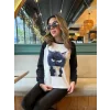 Kadın Uzun Kollu Bisiklet Yaka Kedi Baskılı şardonlu Dalgıç Bluz