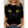 Kadın Uzun Kollu Bisiklet Yaka Kedi Desenli Süprem Bluz