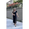 Kadın Yuvarlak Ribana Yaka Beyaz Yırtmaç Detaylı Viskon Tam Boy Elbise