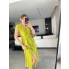 Kadınn V Yaka Düğme Detay Kuşak Dahil Elbise