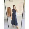 Keten Uzun Kolsuz Elbise- Mavi