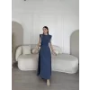 Luz&Pos Keten Yandan Yırtmaçlı Uzun Elbise Sıfır Kol Elbise - Mavi