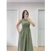 Luz&Pos Kolsuz Göğüs Lastıklı %100 Poplin Uzun Elbise - Yeşil