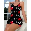 Love Desenli Siyah Saten Gecelik
