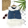 Luz&Pos 6-9-12-18 Ay Güpür Yaka Ve Etek Detaylı Kot Kilotlu Etek Kız Bebek Elbisesi Mavi