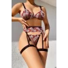Luz&Pos Arias Closet Fantezi Bacak Bantlı Çiçek Desenli Sütyen Külot Takım