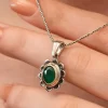 Luz&Pos Gümüş Yeşil Çiçek Desenli Otantik Kadın Kolye