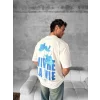 Ön Ve Arka Baskılı Oversize Bisiklet Yaka T-shirt- Beyaz