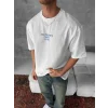 Ön Ve Arka Baskılı Oversize Bisiklet Yaka T-shirt- Beyaz