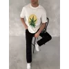 Ön Ve Arka Baskılı Oversize Bisiklet Yaka T-shirt- Beyaz