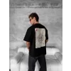 Ön Ve Arka Baskılı Oversize Bisiklet Yaka T-shirt - Siyah