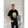 Ön Ve Arka Baskılı Oversize Bisiklet Yaka T-shirt- Siyah
