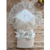 Luz&Pos Örgü Tericotton Taç Nakışlı İncili Güpür Çift Fiyonk Papatya Güpür Trilüks Kundak Bebek Battaniyesi Bej