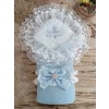 Luz&Pos Örgü Tericotton Taç Nakışlı İncili Güpür Çift Fiyonk Papatya Güpür Trilüks Kundak Bebek Battaniyesi Mavi
