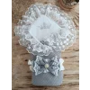 Luz&Pos Örgü Tericotton Taç Nakışlı İncili Güpür Çift Fiyonk Papatya Güpür Trilüks Kundak Bebek Battaniyesi Gri