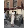 Osy Modal Yumuşak Dokulu Kumaş Bisiklet Yaka Kısa Kollu Kuşaklı Uzun Elbise - Beyaz